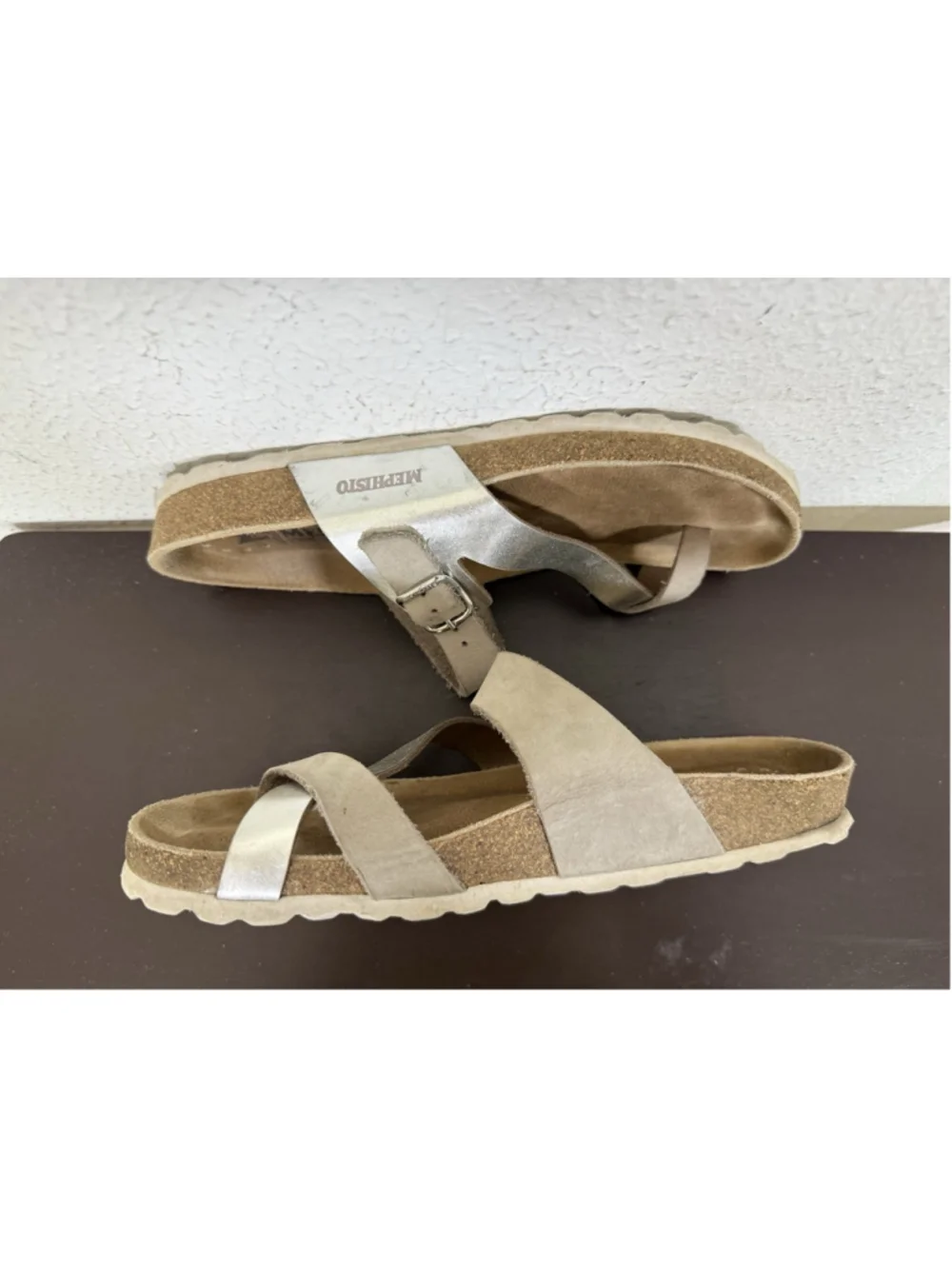 Mephisto Nalia Sandal Womens 38EU/8US Slip On Slide Silver & Tan Leather Boho